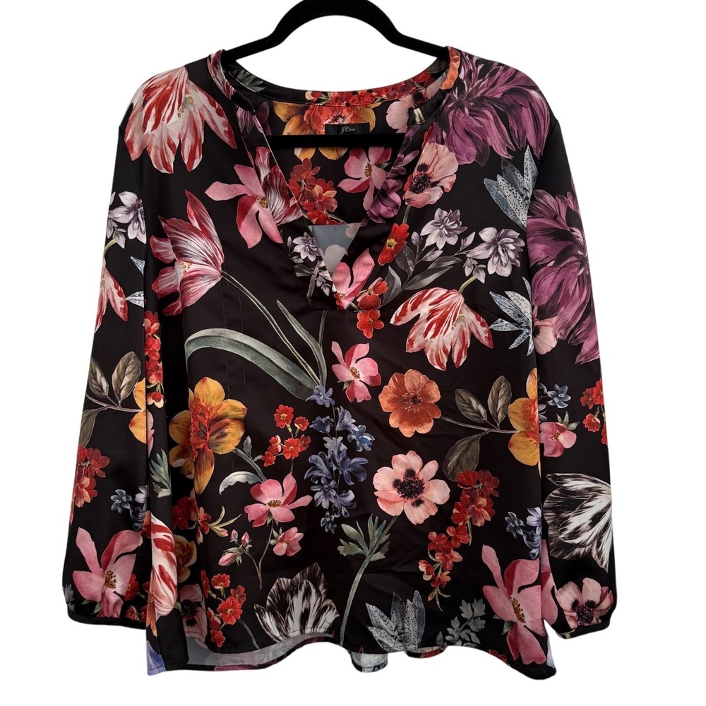 J.Crew Womens XL Black Floral V-Neck Long Sleeve Blouse Botanical Print Top